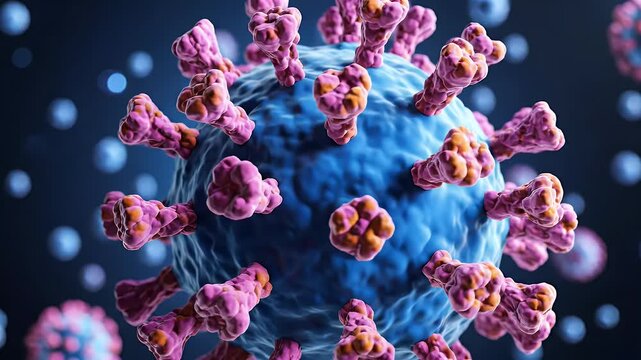 Close-up microscopic view of a virus with pink protrusions on a blue background
