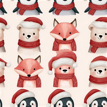 Cute Christmas polar bear fox and penguin seamless pattern with red knitted scarves and hats