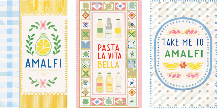 italian themed product labels with colorful patterns and text amalfi pasta vita bella lemon bottles illustration vector design graphic art food drink culture
