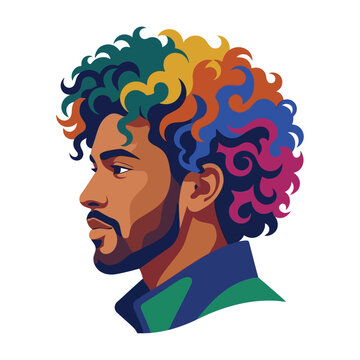 Colorful artistic portrait of a man with rainbow afro hair