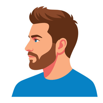 Profile portrait of a young man with a beard in blue shirt