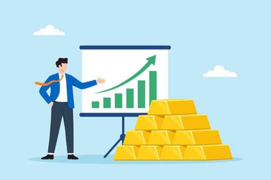 Flat illustration businessman presenting gold bar stack upward chart gold investment asset appreciation financial stability wealth preservation portfolio growth