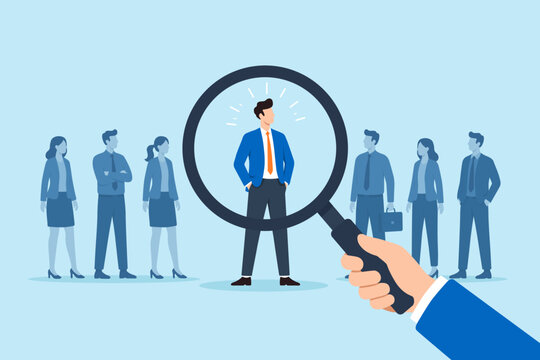 Flat illustration standout businessman highlighted magnifying glass among professionals talent identification leadership recruitment employee selection competitive advantage