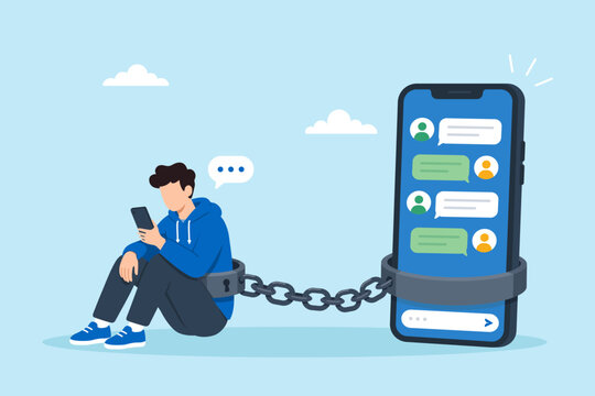 Flat illustration young man chained smartphone nomophobia digital addiction compulsive phone use social media dependency excessive screen time mental health