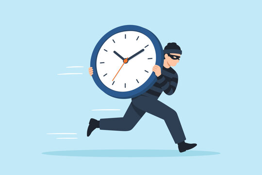 Flat illustration burglar stealing giant clock running away time theft productivity loss procrastination workplace inefficiency deadline pressure distraction