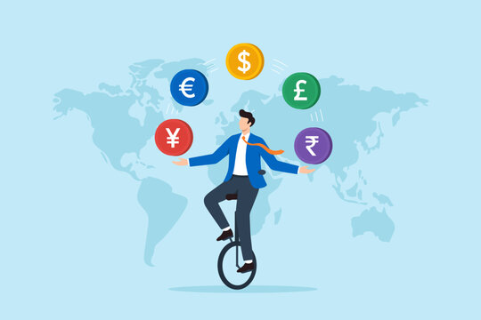 Flat illustration businessman balancing multiple international currency coins foreign exchange global finance economic diversification cross border business