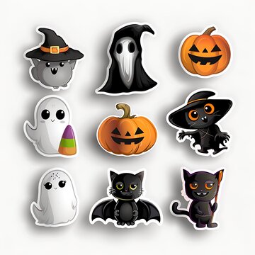 Cute Halloween stickers set with spooky ghosts pumpkins black cats and witch characters