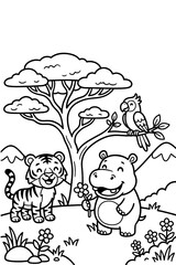 Black and white cute safari animals tiger hippo and bird line art for kids coloring page