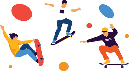 Skateboarders Performing Tricks Flat Vector Illustration Set with Abstract ShapesSkateboarders Performing Tricks Flat Vector Illustration Set with Abstract Shapes © MDAKTARUL