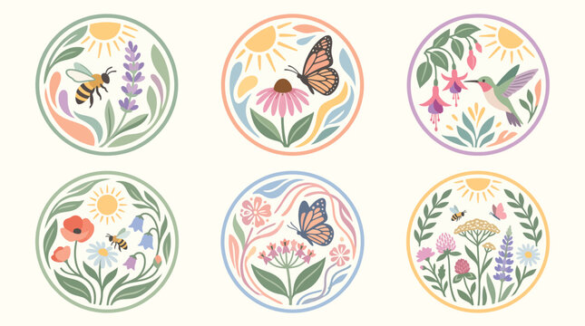 Artistic circular garden logos showcasing bees and hummingbirds amidst pastel botanical blooms.
