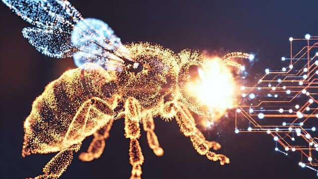 Digital bee formed from particles interacting with a circuit board