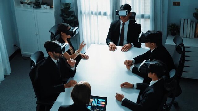 Top view of project manager working on laptop and sending data analysis to business people by using VR glass headset. Professional marketing team enter metadata or virtual world program. Directorate.