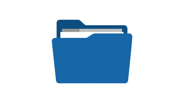 Blue digital file folder icon containing white document papers with a grey tab, isolated on a plain white background, representing data storage, office organization, and administrative tasks.