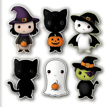 Cute Halloween stickers pack with kawaii witches black cats ghosts and pumpkins