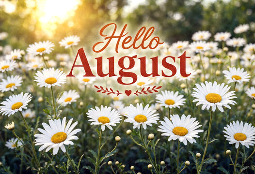Beautiful white daisies blooming in summer with hello august greeting text in warm sunlight
