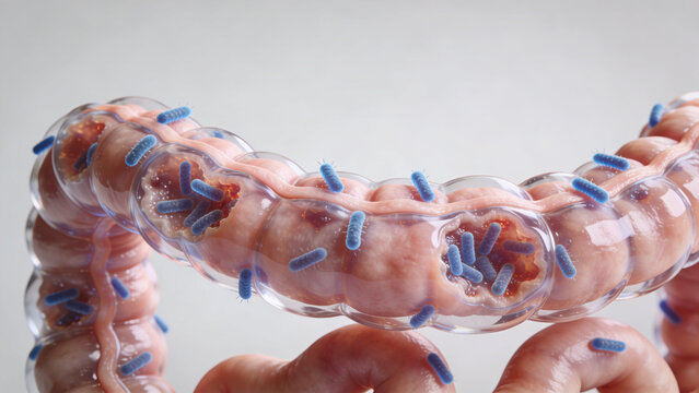 Medical visualization of intestinal tissue infected with harmful bacteria inside the human gut