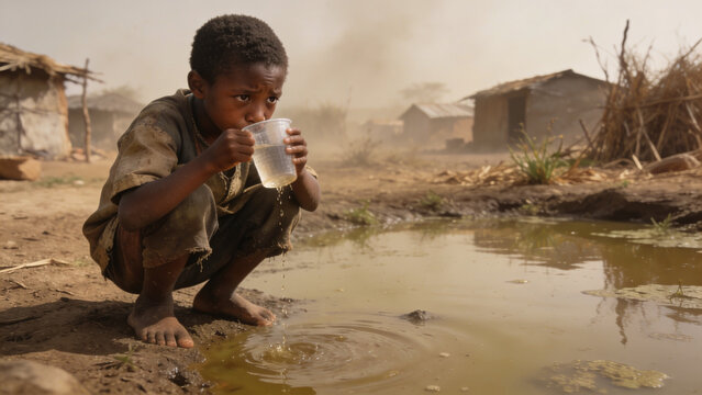Young African boy drinking dirty, scarce water from a cup in a parched land.