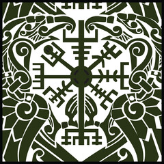 Naklejka premium Viking Vegvisir compass with ravens and Norse runes, Nordic mythology