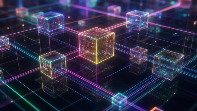 Glowing interconnected translucent cubes forming a digital network grid