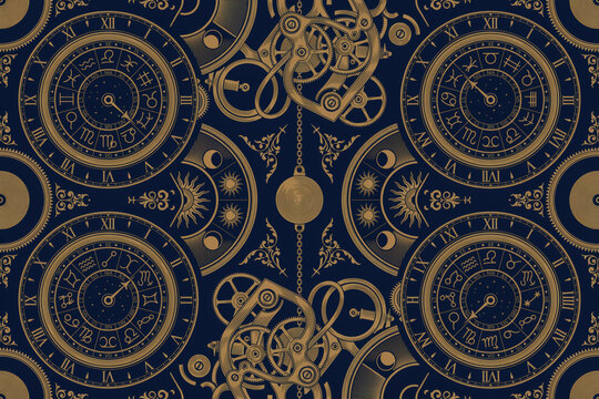 Intricate seamless pattern with golden zodiac clocks, celestial astrology symbols, mechanical gears, and ornate filigree on a dark blue background