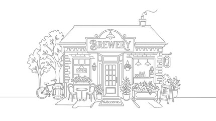 Obraz premium Hand-drawn brewery exterior with outdoor seating and bicycle, welcome sign