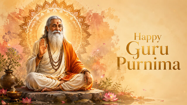Blessing guru meditating beside lotus pond with decorative mandala during guru purnima celebration for hindu religious festival spiritual greeting card illustration background artwork