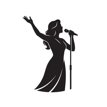 Elegant female singer silhouette, professional woman vocalist performing with microphone, black and white music artist vector illustration