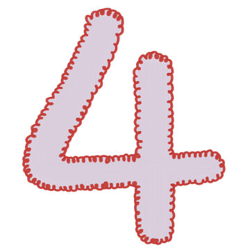 Cute purple hand-drawn number four with a red frilly curly border