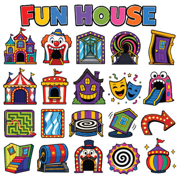 Fun House Line Art Icon Set, Carnival Amusement Park Attraction Vector Collection