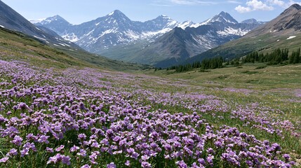 Obraz premium Alpine meadow purple wildflowers snowy peaks