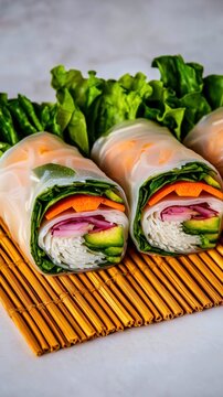 A plate of fresh spring rolls on a bamboo mat with lettuce and vegetables