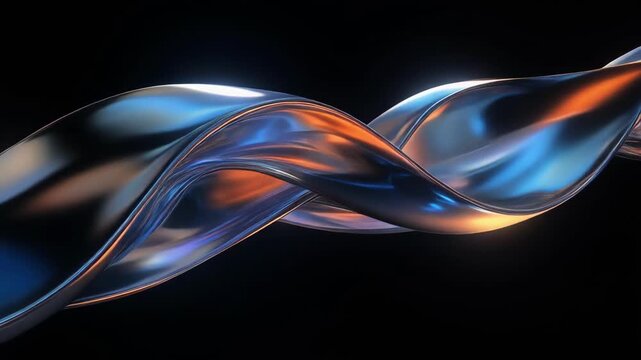 Abstract flowing metallic ribbon with colorful reflections on black background
