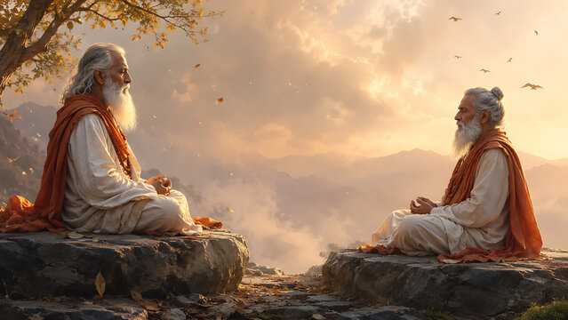 Two elderly gurus meditating on mountain cliffs during golden sunrise for guru purnima and hindu religious festival spiritual peace and wisdom concept celebration