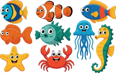 Cute cartoon sea animals vector set featuring colorful fish clownfish jellyfish crab starfish and seahorse for kids book designs © Raju