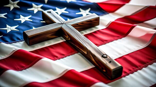 Wooden cross on American flag representing christian faith and patriotism concept