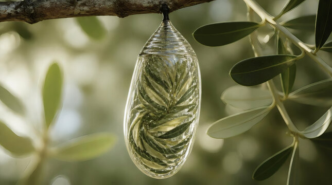 Transparent Butterfly Cocoon with Leaves Inside Hanging from Branch Nature Concept