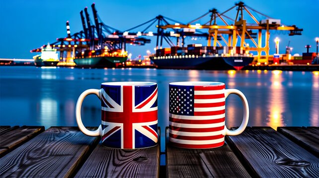 United Kingdom and United States friendship concept with national flag coffee mugs at port