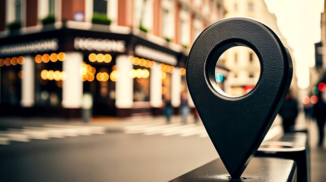 Modern location pin marker on urban street representing navigation and destination concept