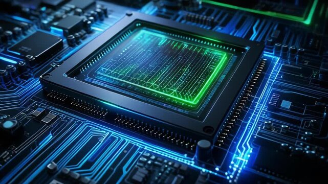 Close-up of a glowing computer microchip on a circuit board
