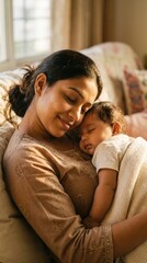 Fototapeta premium Affectionate mother gently hugging her sleeping infant in a peaceful family home
