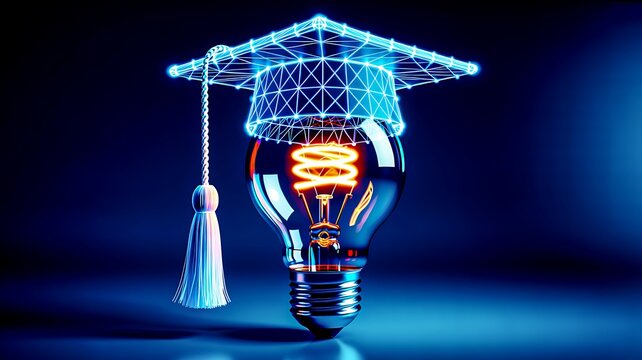 Graduation cap on glowing light bulb representing education innovation and creative learning