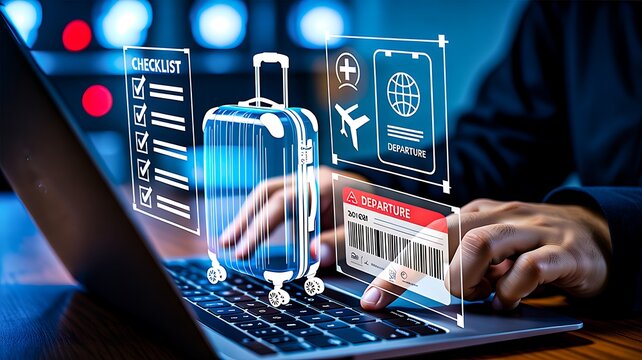 Online travel booking concept with digital flight reservation and electronic ticket