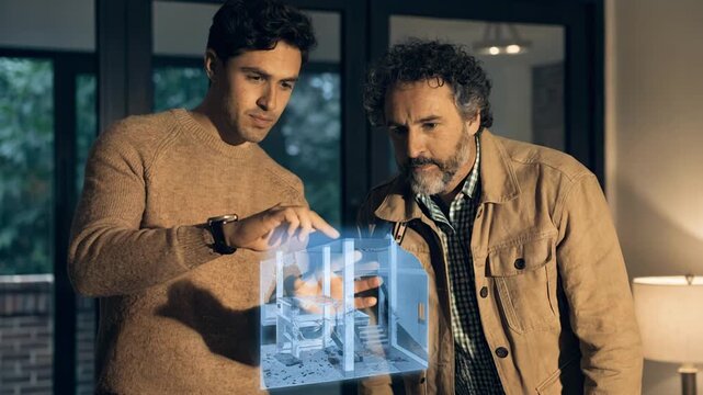 Medium shot of an adjuster guiding a policyholder through a 3D home interior damage model with a holographic interface emphasizing immersive virtual claims processing.
