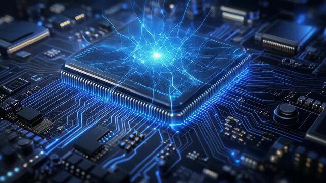Close-up of a glowing blue computer microchip on a circuit board