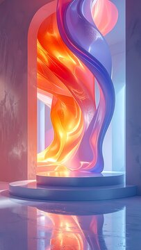 Vibrant flame sculpture on pedestal indoors.