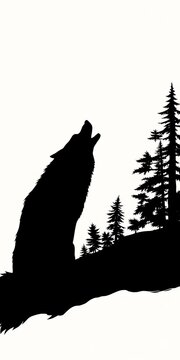 Silhouette set of wolf howling walking sitting on white paper textured background, landscape, rustic