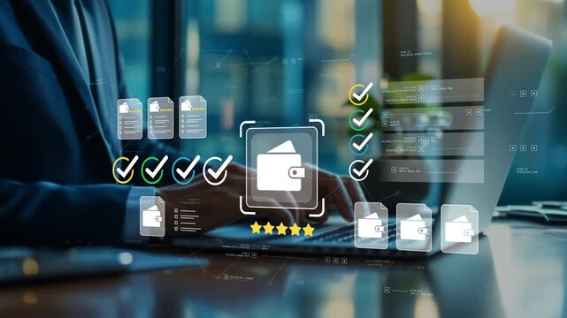 Business executive using laptop with animated wallet icon, wealth management dashboard, financial planning documents, intelligent budgeting workflow and digital finance platform