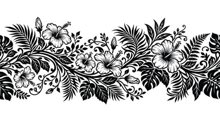 Black and white tropical floral border with hibiscus flowers © EmayetHossen
