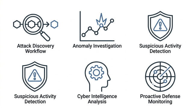 Cybersecurity icons illustrating attack discovery anomaly investigation and threat detection.
