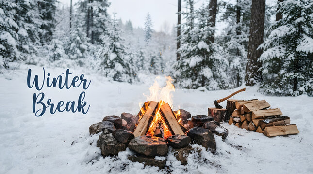 Cozy winter break campfire burning in snowy forest clearing with captures warm campfire clearing stacked wood firewoodpile campingfire winterfire